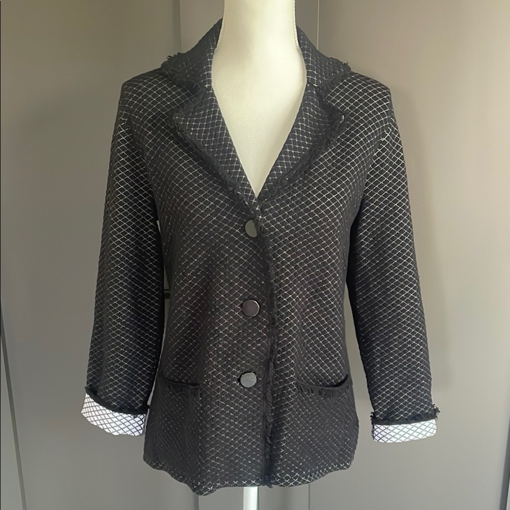 Damask Womens S Black White Jacquard Diamond Knit Cardigan Jacket Raw Trim